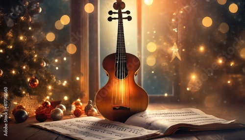 musical instrument sheet music and Christmas decorations