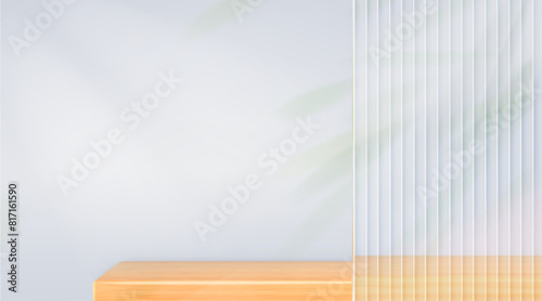 Realistic wooden shelf with plant shadow white background. Minimal scene with yellow table podium for product presentation. Clean blank shelf kitchen, bathroom,interior mockup. Vector 3d illustration
