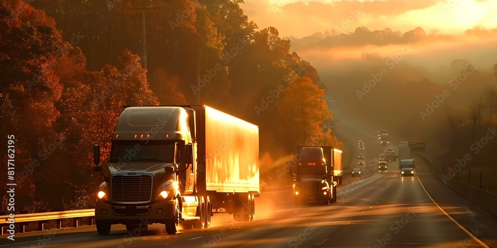 Trucks speed down Tennessee highway heat shimmers trees blur past vehicles. Concept Travel, Transportation, Road Trip, Speed, Motion