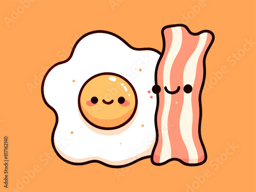 Fried egg and bacon cute kawaii food pair. Vector illustartion.