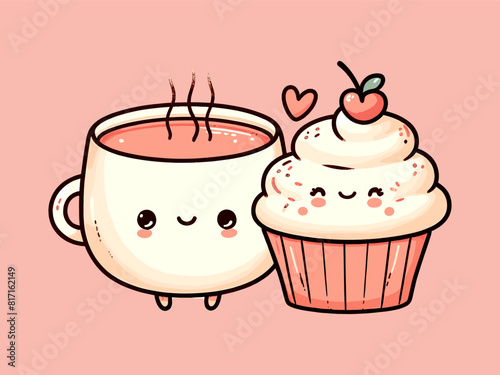  Cute happy tea cup and cupcake pair. Isolated on white background. Vector kawaii illustration.