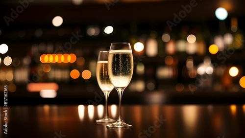 scenic view of champagne glasses on a counter in a bar  restaurant