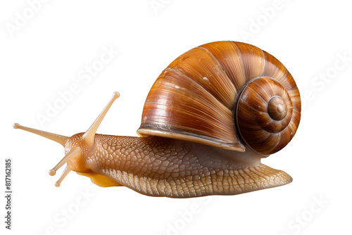 The image shows a snail with a shiny brown shell. The snail is crawling on a black background.