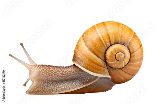 The image shows a snail isolated on a black background. The snail has a shiny, brown shell and is moving slowly. photo