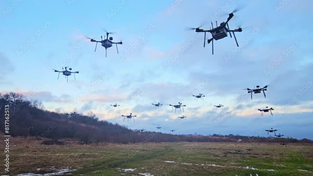Drone Fleet in a Rural Field, A large fleet of drones parked in a rural field during winter, ready for aerial surveillance or agricultural tasks.