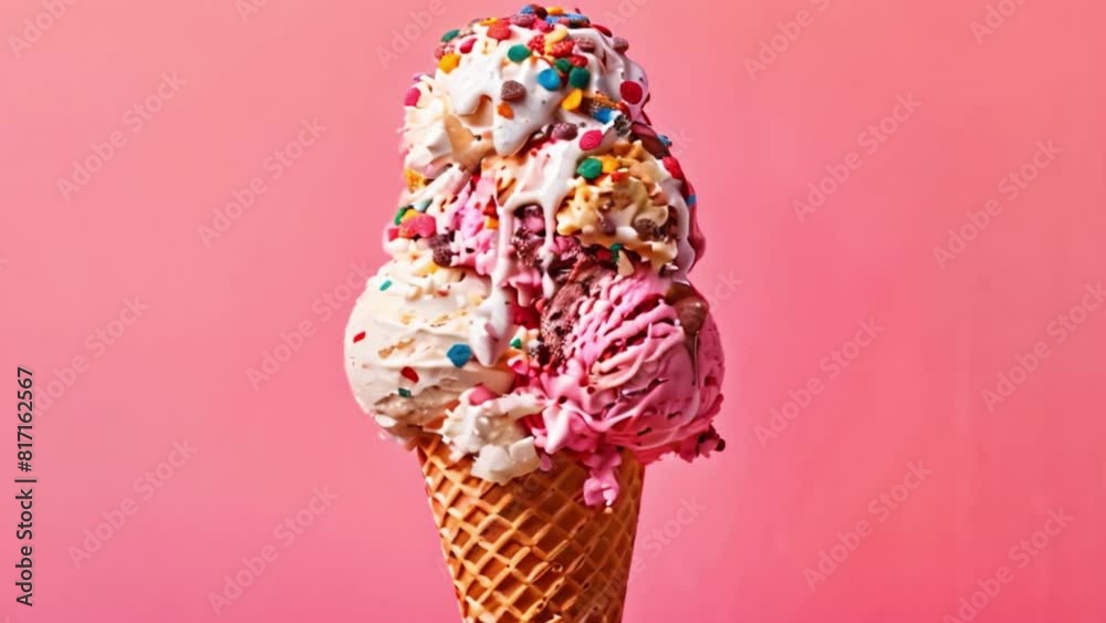 A cone with strawberry and vanilla ice cream topped with colorful sprinkles against a pink background.