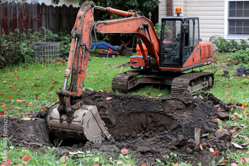 Crawler excavator digs ditch with bucket to lay utility systems to house.