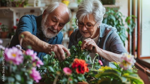 Happy Seniors Gardening Together, Planting Colorful Flowers in Home Greenhouse. Generative ai © Iuliia Metkalova