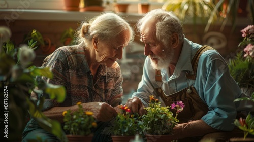 Happy Seniors Gardening Together  Planting Colorful Flowers in Home Greenhouse. Generative ai
