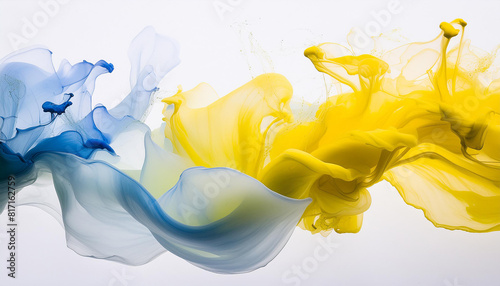 Abstract blue and yellow splash of paint on white background. Alcohol ink illustration. Modern art