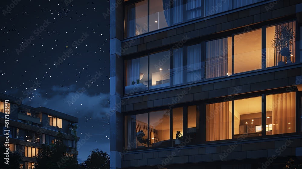Highrise apartments with large windows, illuminated from within, night sky with a few stars, modern architecture, photorealistic style, warm and inviting