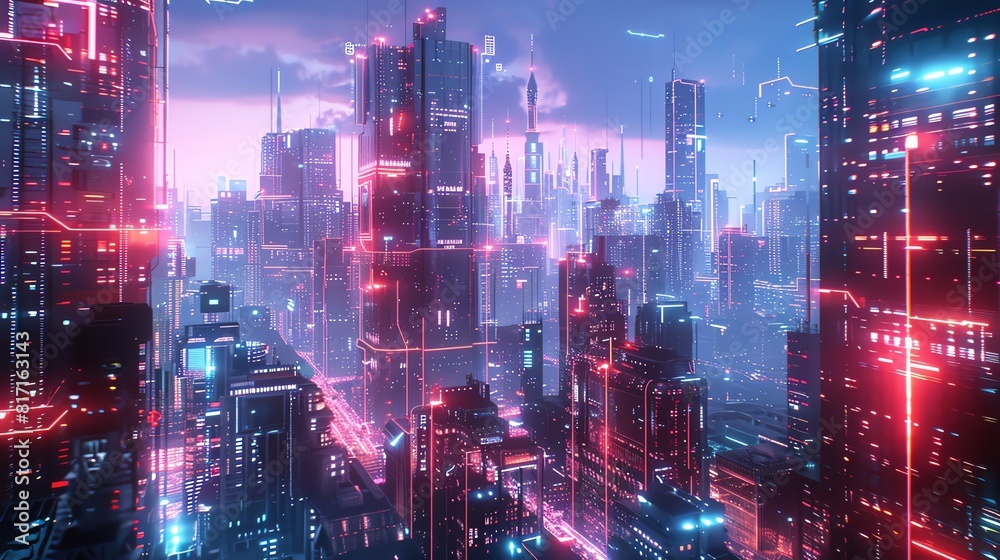 Hightech urban landscape, illuminated with holographic structures, AI elements, Futuristic, Glowing neon, 3D rendering