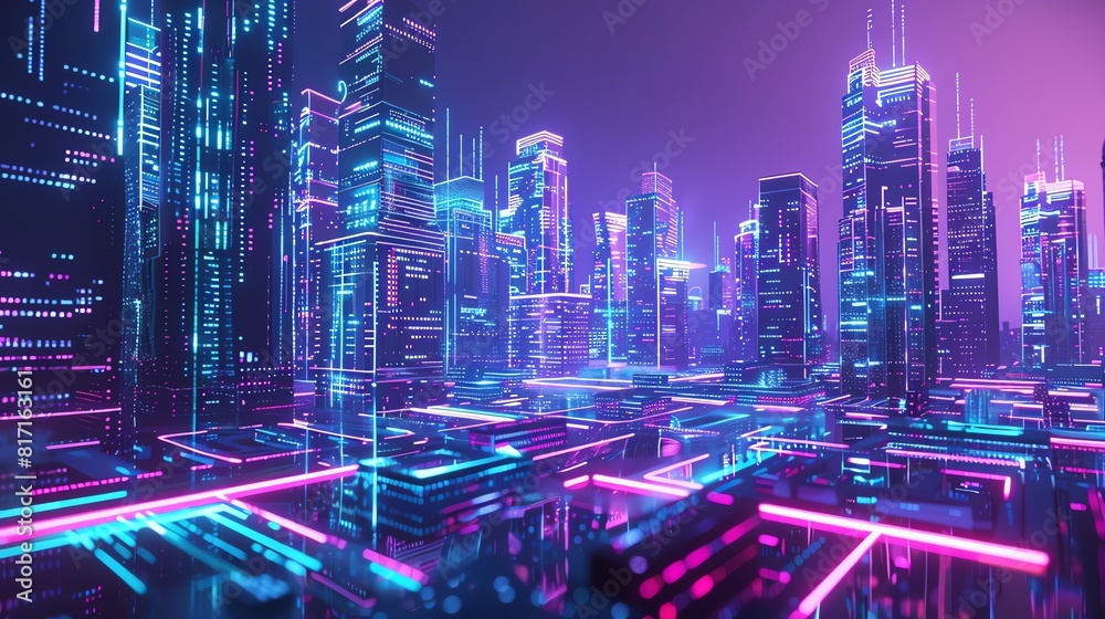 Hightech urban landscape, illuminated with holographic structures, AI elements, Futuristic, Glowing neon, 3D rendering