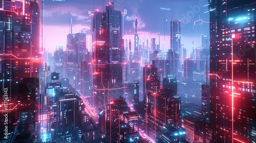 Hightech urban landscape  illuminated with holographic structures  AI elements  Futuristic  Glowing neon  3D rendering