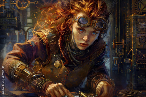 redhead female artificer working on a mechanical device, steampunk style, focused expression