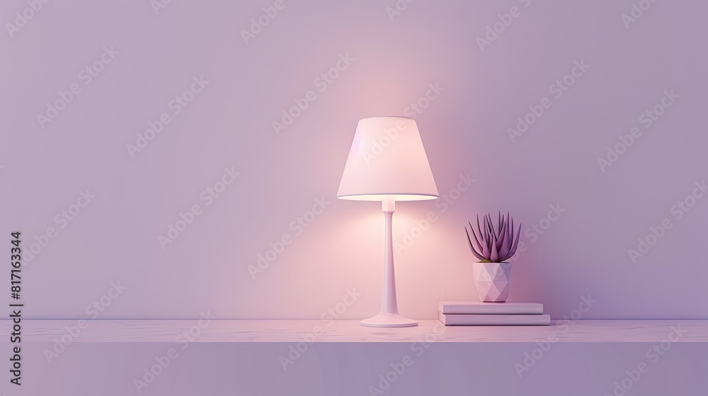 a sleek shelf adorned by a chic lamp, a tidy stack of minimalist design books, and a geometric pot housing a succulent, against a pristine wall for mockups.