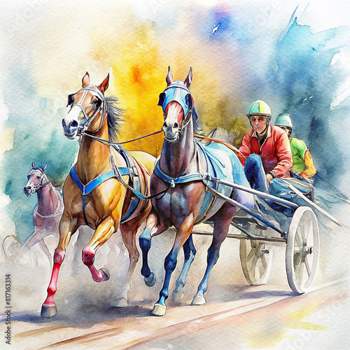 Watercolor illustration of harness racing horses pulling a two-wheeled sulky cart on a racetrack, with jockeys in colorful attire photo