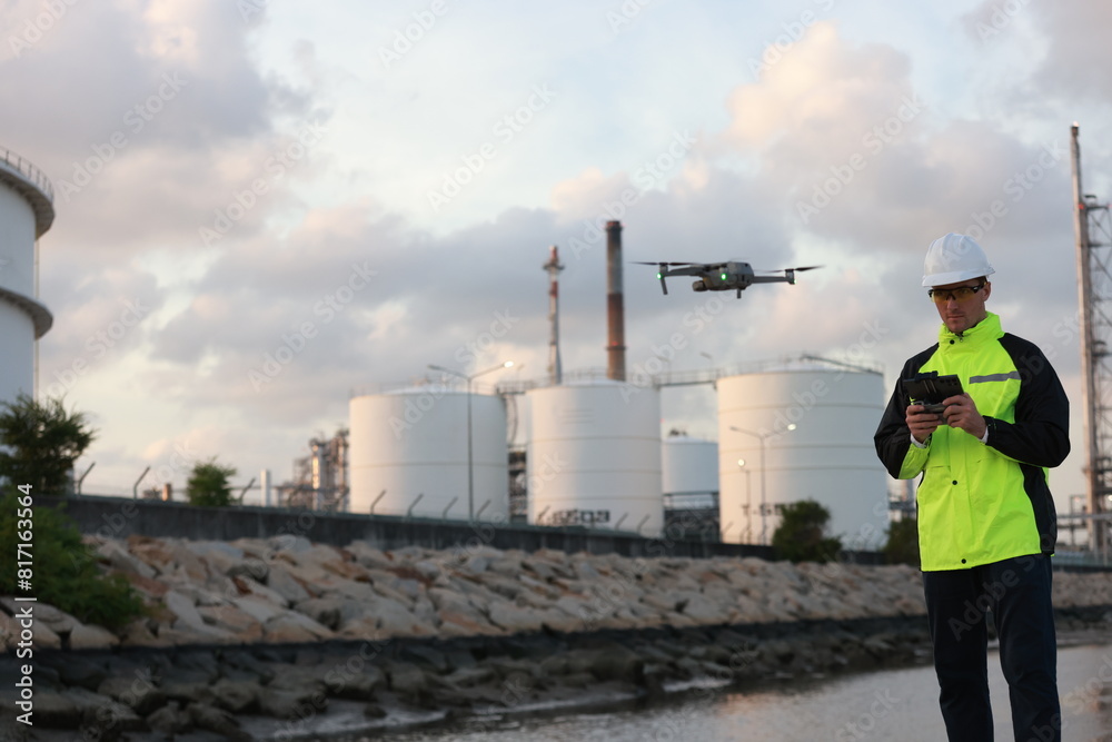 Obraz premium Senior energy Engineer piloting drone at oil tank storage. video surveillance or industrial inspection at the refinery.