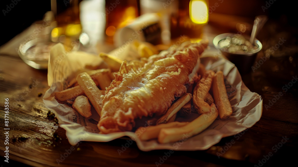 Delicious fish and chips on a wooden table, Crispy fish in beer batter, Fish and chip served up at a old rustice english pub restaurant. Delicious fish and chips on a wooden table, Crispy fish in beer batter, Fish and chip served up at a old rustice english pub restaurant.