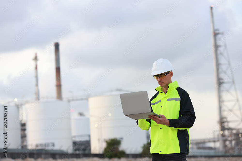 petrochemical engineer working with laptops outside the oil and gas ...