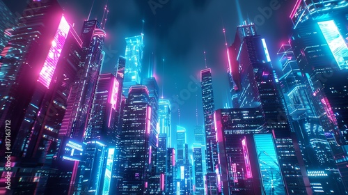 Neonlit cityscape at night, skyscrapers with holographic advertisements, futuristic, vibrant colors, 3D rendering