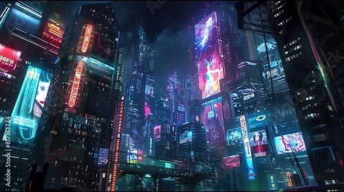 Neonlit cityscape at night with towering skyscrapers and futuristic holographic billboards  Cyberpunk  Vibrant colors  Digital painting  Atmospheric and detailed