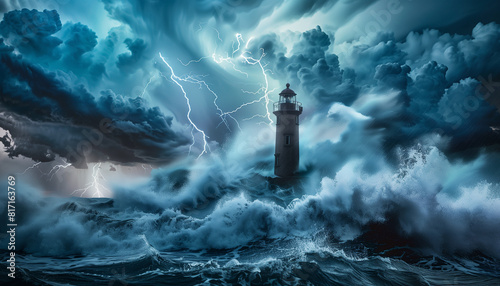 Off coast lighthouse in the middle of a thunderstorm, waves crashing on it's side, wide 16:9