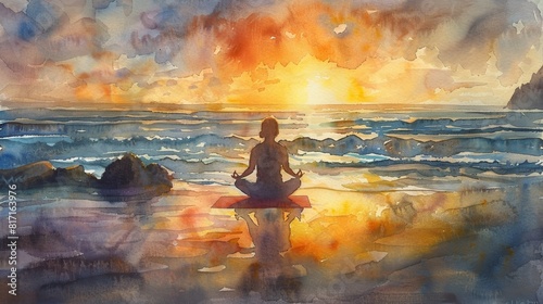 A peaceful watercolor scene of a person practicing yoga on a beach at sunrise