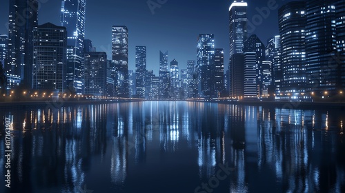 Night cityscape with reflections of skyscraper lights in a calm river  Modern  Blue and white  Photography  High clarity