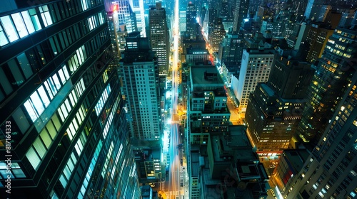 Nighttime cityscape from a rooftop perspective  dense buildings with illuminated windows  light trails from traffic below  photography style  sharp and vibrant