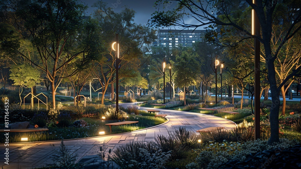 Naklejka premium Nighttime urban park with illuminated paths, modern sculptures, and a peaceful ambiance, Realism, High Detail