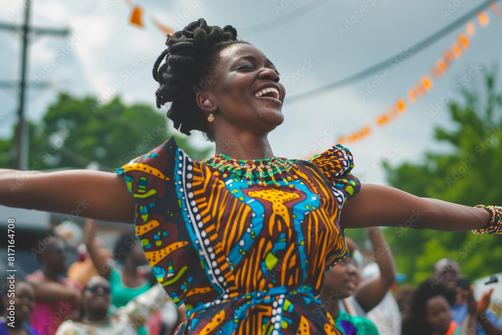 A woman in a flowing Ankara dress dances with joy at a Juneteenth celebration, the music pulsing through the air. 