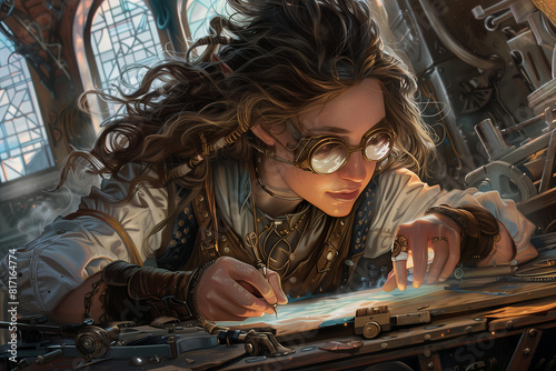 half elven artificer installed at her drawing board inside her workshop, planning her next invention
