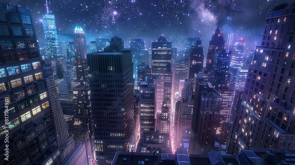 Rooftop view of a city at night, stars visible in the sky, skyscrapers with digital advertisements, soft blue lighting, impressionist style, serene and contemplative