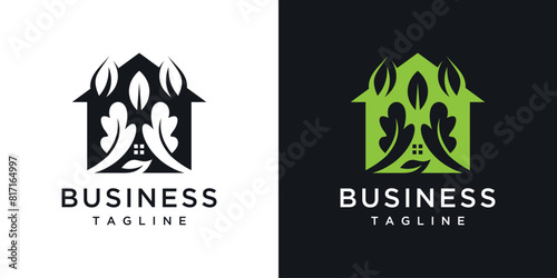 Green house nature logo design, leaf concept at home. inspirationAbstract leaf house logo