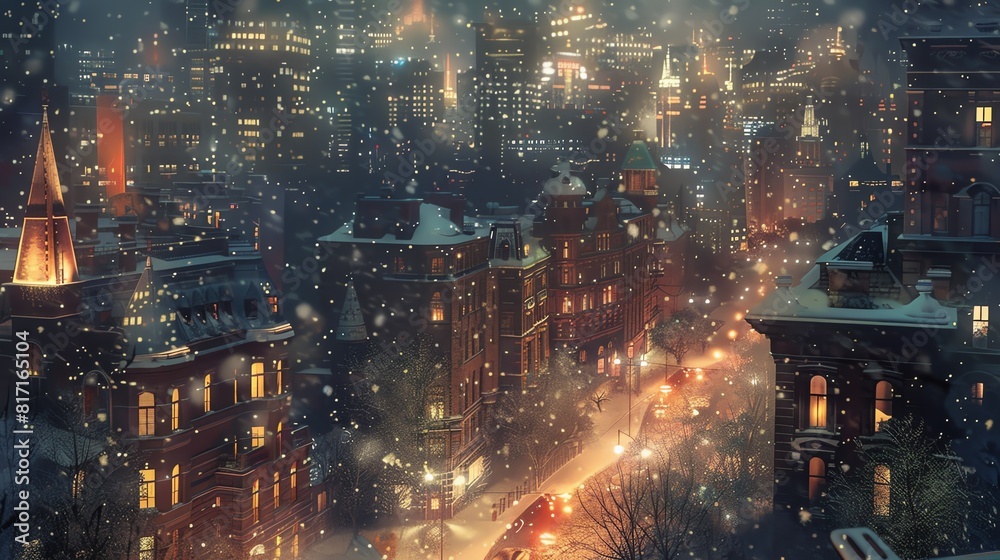 Fototapeta premium Snowcovered cityscape at night, twinkling lights, vintage style, warm tones, oil painting