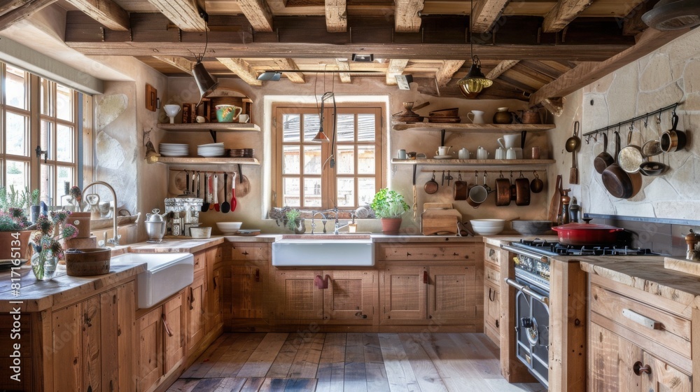 A rustic kitchen, featuring wooden cabinets, open shelves, large windows, and potted plants basking in daylight. A rustic kitchen, featuring wooden cabinets, open shelves, large windows, and potted plants basking in daylight.
