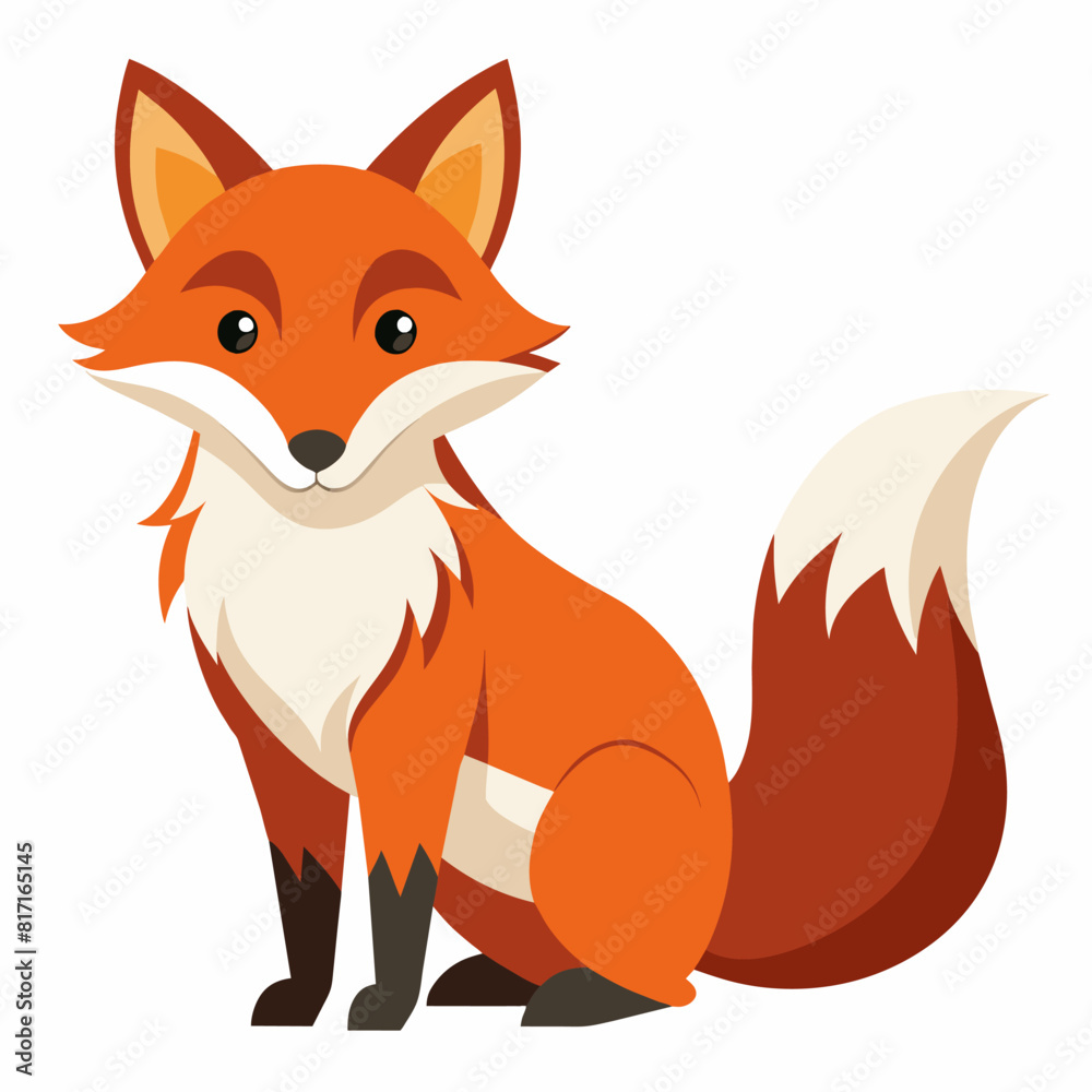 Red fox cartoon toy on white background, terrestrial mammal with tail and snout