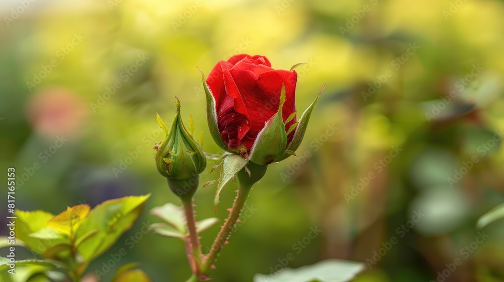 A vibrant red rosebud emerges showcasing its youthful beauty in a graceful spray of petals Nestled within a magical garden against a natural backdrop this small blooming flower captivates w A vibrant red rosebud emerges showcasing its youthful beauty in a graceful spray of petals Nestled within a magical garden against a natural backdrop this small blooming flower captivates w