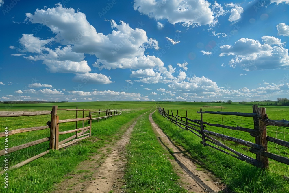 Dirt road leading to fenced field