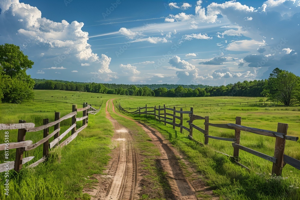 Dirt road leading to fenced field with trees Dirt road leading to fenced field with trees