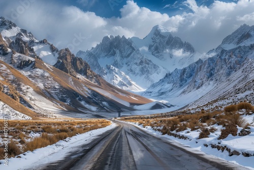 Snowy road in mountains with background mountain