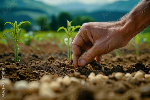 Someone planting a plant in soil with a hand