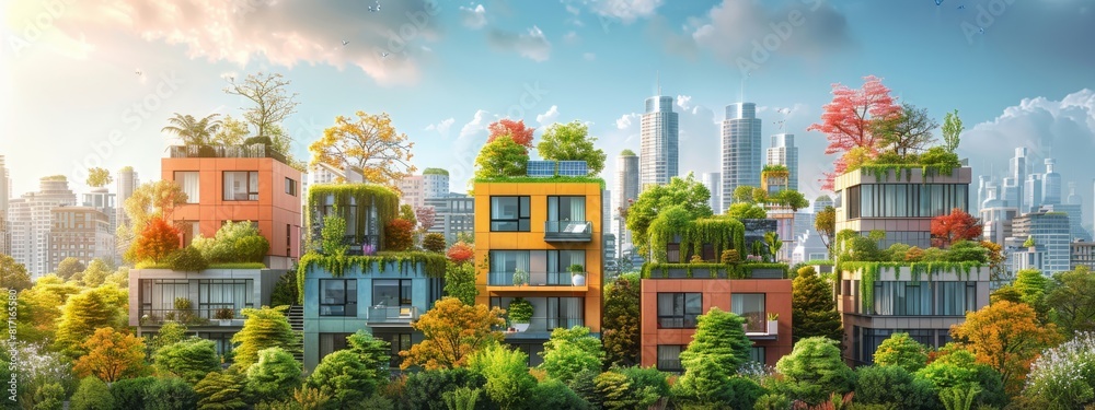 Sustainable Development: Buildings with solar panels and green rooftops. Sustainable Development: Buildings with solar panels and green rooftops.