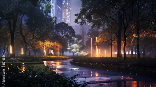 Urban park at night with illuminated paths, modern sculptures, and distant city lights, tranquil ambiance, Impressionism, Soft Brushstrokes