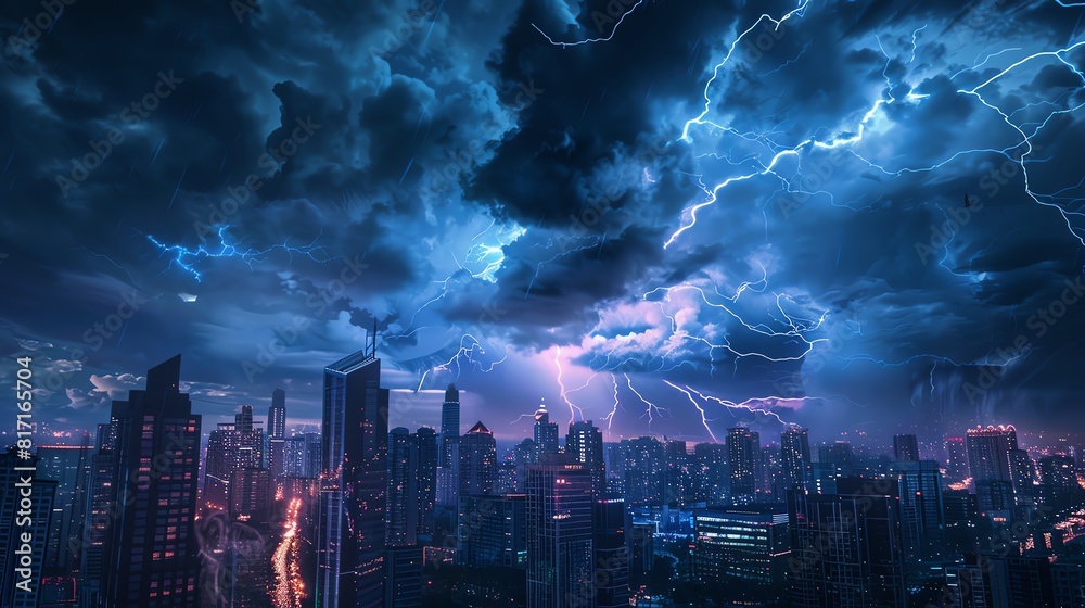 Urban skyline during a lightning storm, dramatic clouds, high contrast, photorealistic, HDR Urban skyline during a lightning storm, dramatic clouds, high contrast, photorealistic, HDR
