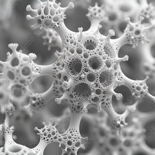 Abstract background, amalgamation of porous objects clusters, connected with tendrils, creating designs, square 1:1