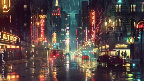 Vintage night cityscape  illuminated by retro neon signs  Steampunk  Warm tones  Illustration