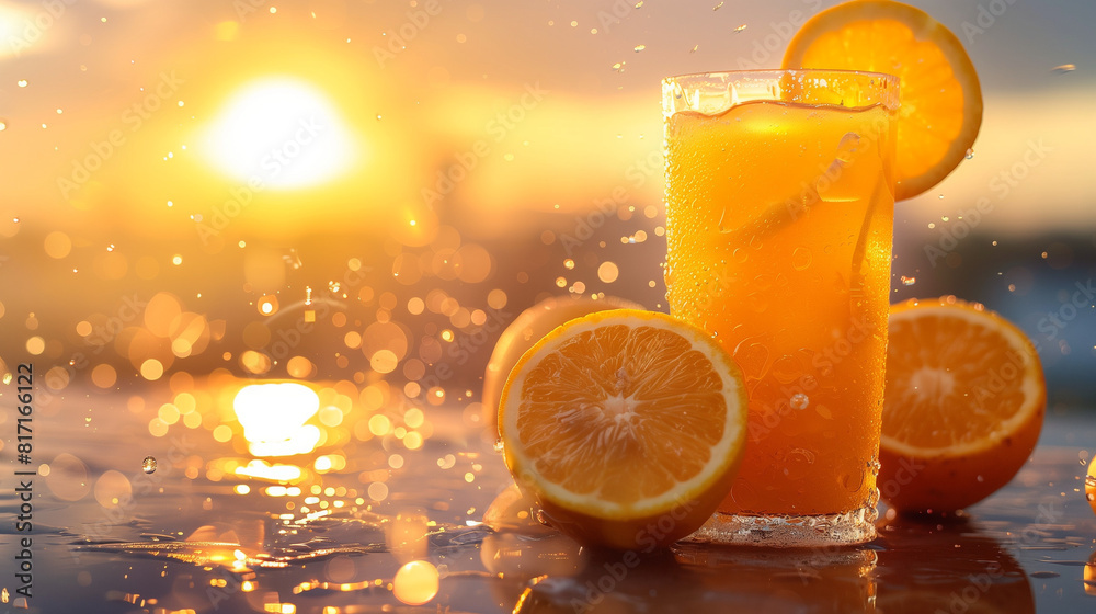 orange juice in glass at sunset in the summer orange juice in glass at sunset in the summer