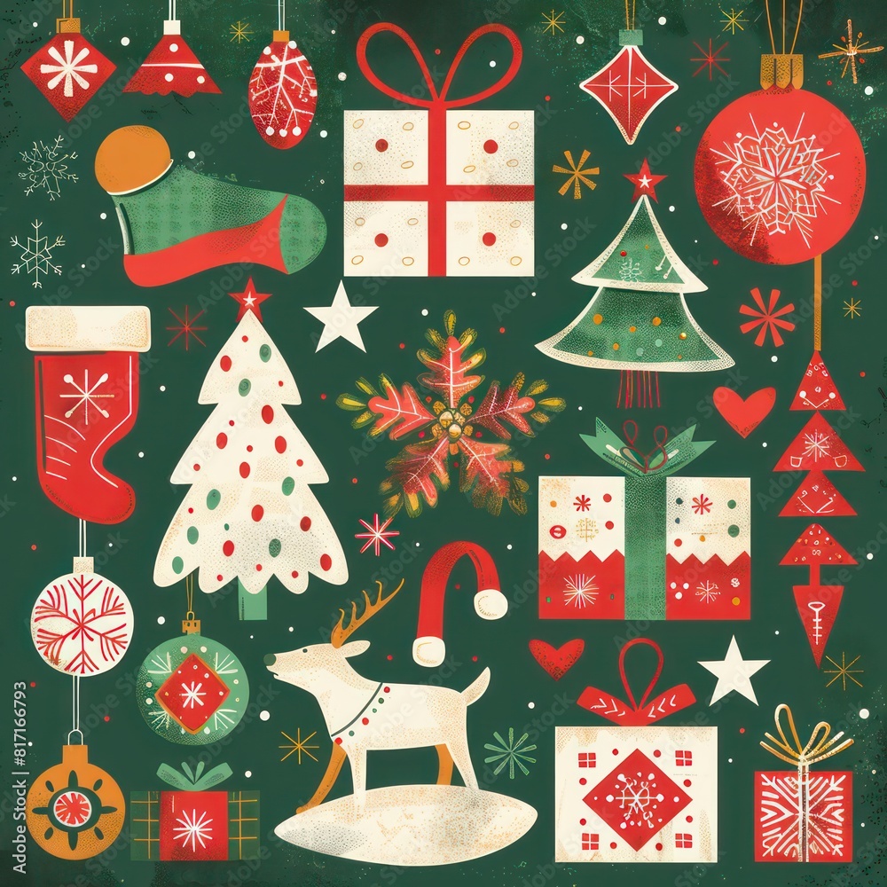 Christmas design with several iconic Christmas elements and beautiful colors, modern and traditional look
